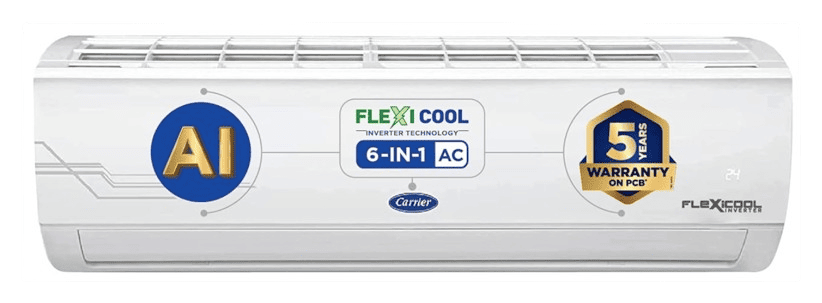 Carrier 1.5 Ton 5 Star AI Flexicool Inverter Split AC Copper Convertible 6 in 1 CoolingDual Filtration with HD PM 2.5 Filter Auto Cleanser 2023 ModelESTER Exi CAI18ES5R33F0 White